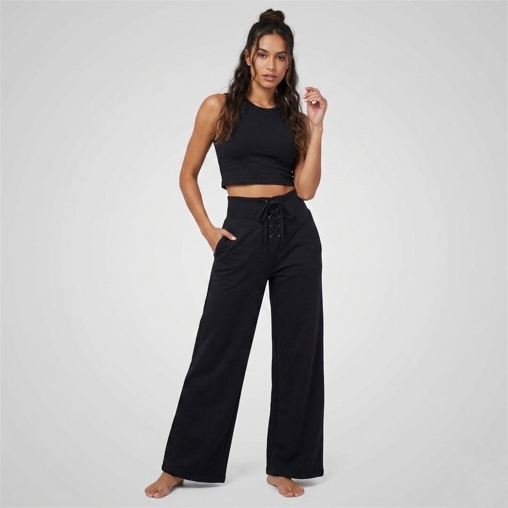Victoria's Secret Black Lace Up Wide Leg Sweatpants High Rise Lounge Pants Small